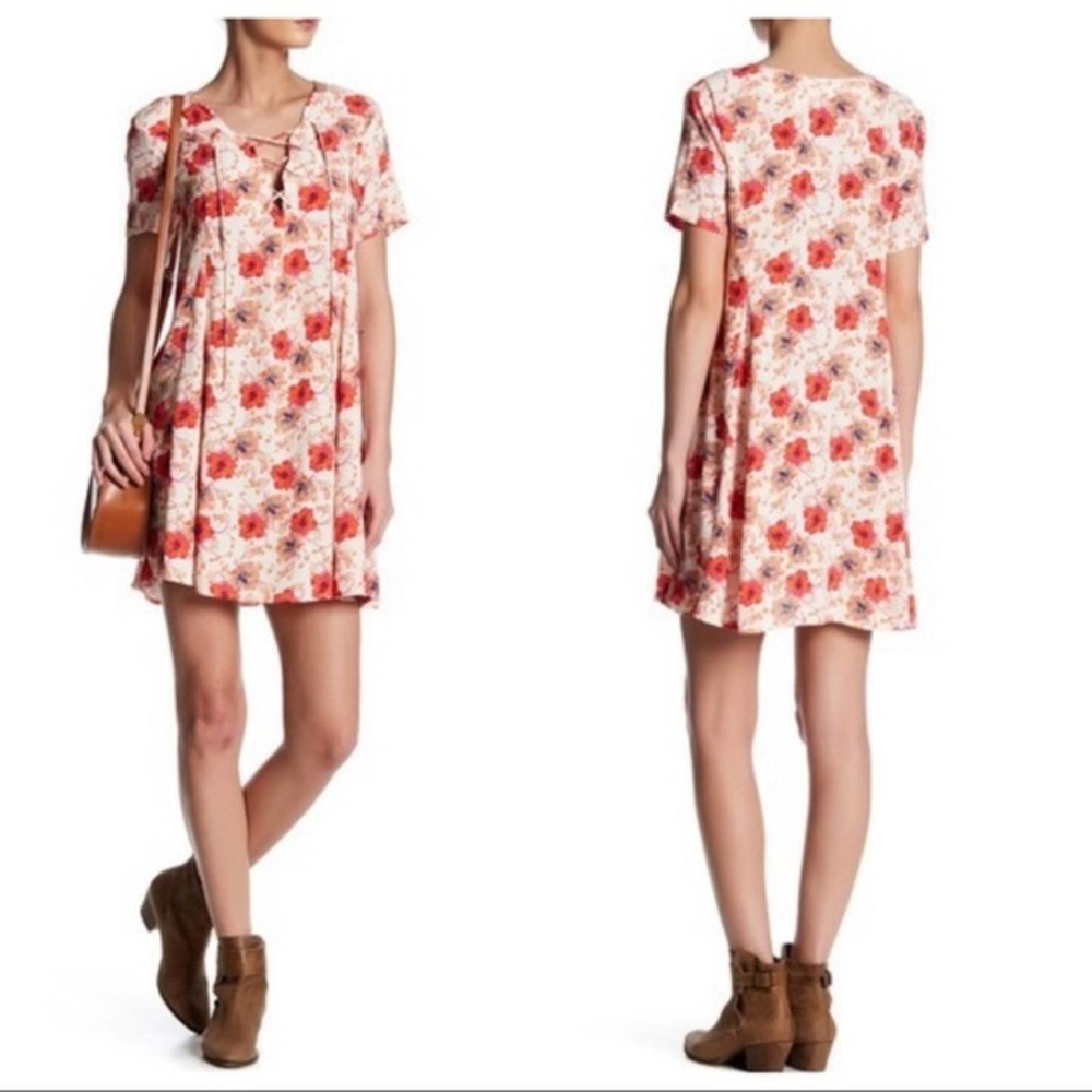 ASTR hibiscus floral lace up shift dress large‎